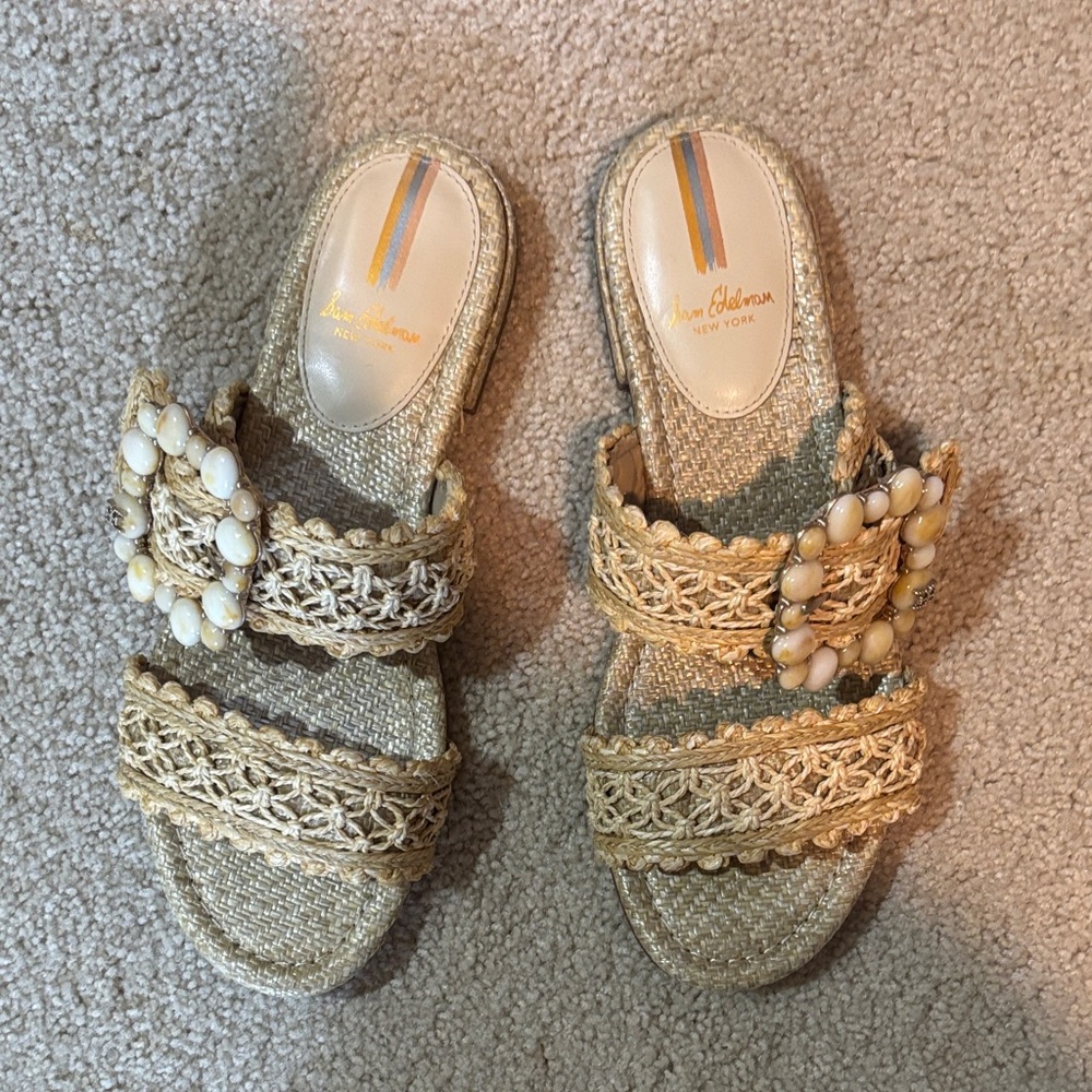 Sam Edelman Beige Woven Sandals with Beaded Accents